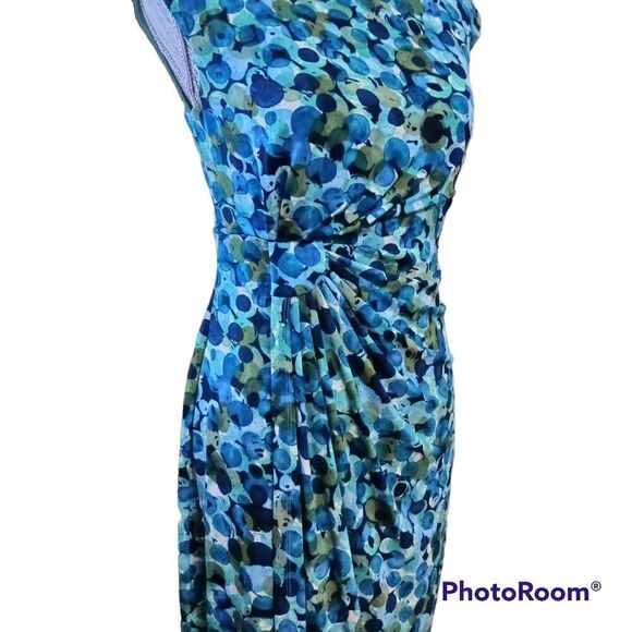DRESSBARN Blue Teal Print Dress Beautiful Drape, Size 6 - Picture 6 of 9